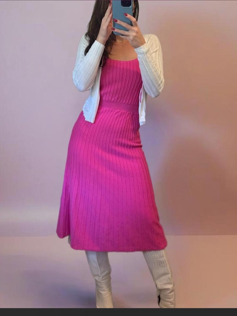 Pink Ribbed Midi Dress with Stretchy Fit - Perfect for Any Occasion